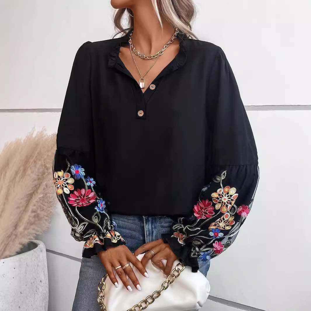 Damen Langarmbluse mit Blumenstickerei