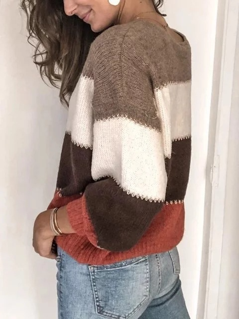 Damen lockerer Strickpullover mit Blockstreifen