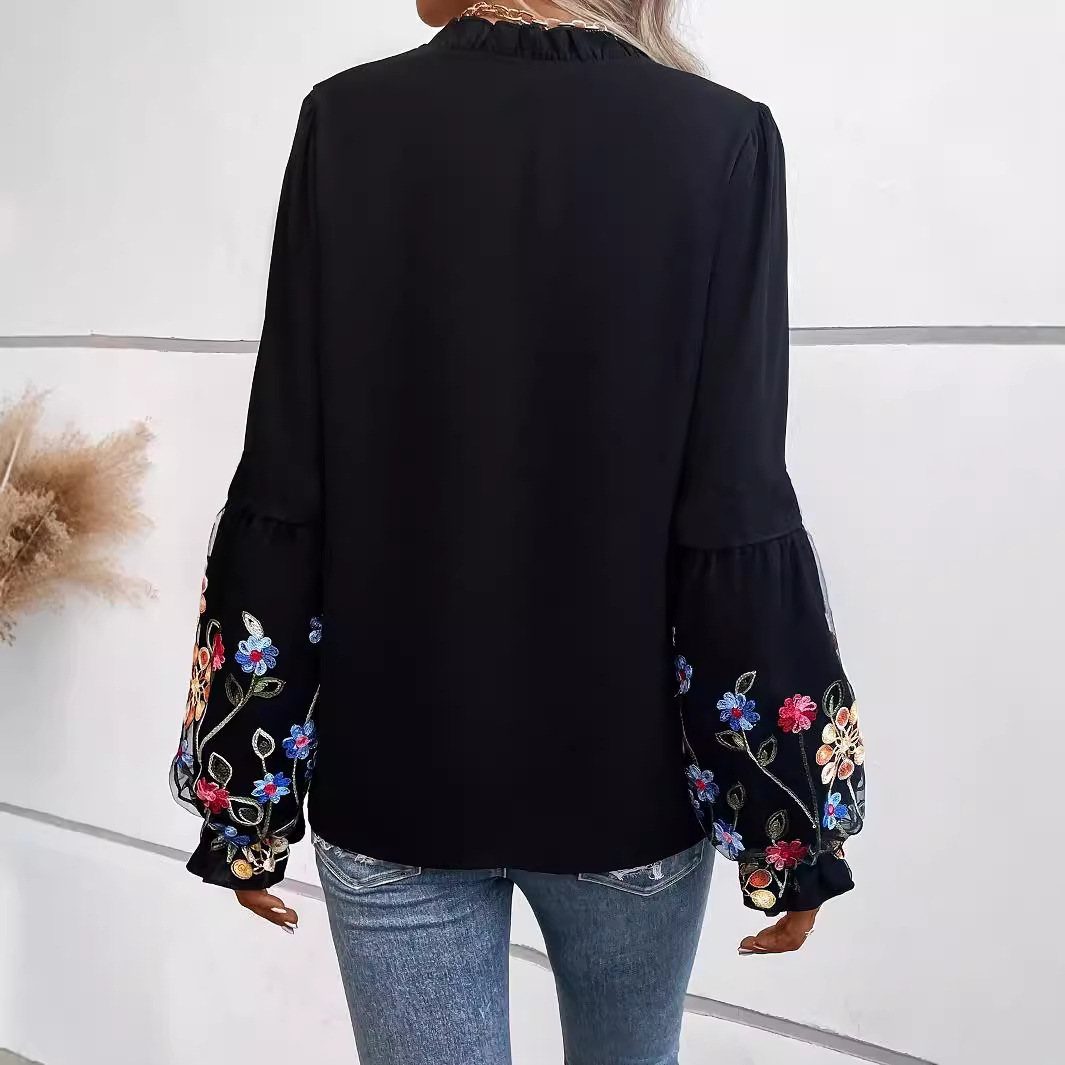 Damen Langarmbluse mit Blumenstickerei