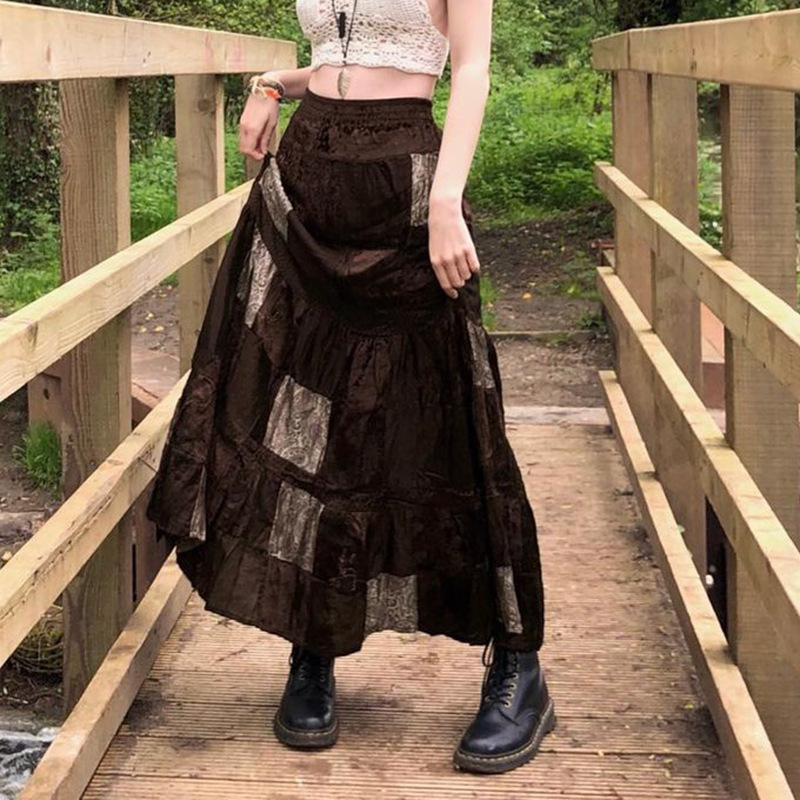 Damen Patchwork Maxirock aus Samt