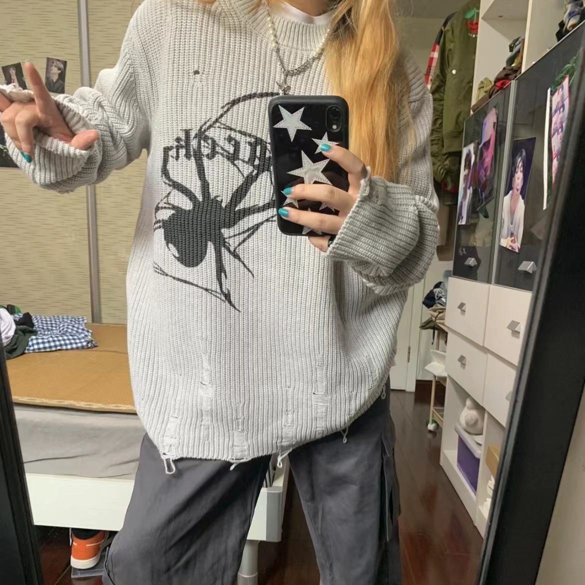 Damen Oversized Pullover mit kreativem Spinnenmotiv WOLFF