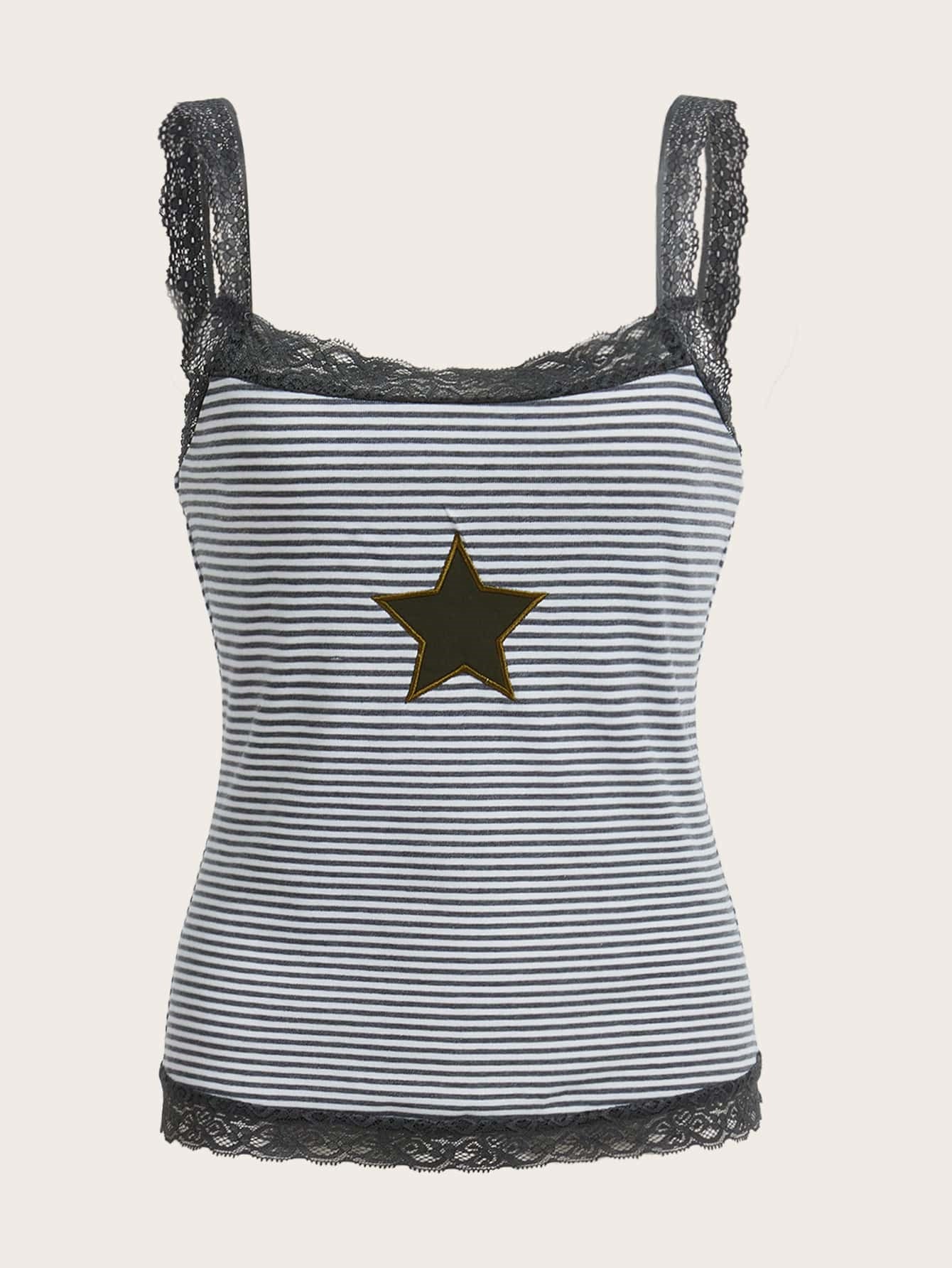 Damen Spitzen-Top mit grafischem Star-Print und Streifenmuster WOLFF