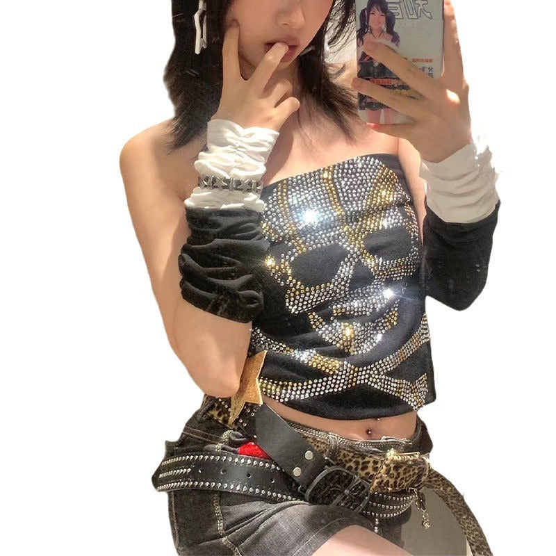 Damen Top mit kreativen Skelettmotiven und funkelnden Akzenten
