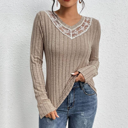 Damen gerippter Strickpullover mit Spitzendetails
