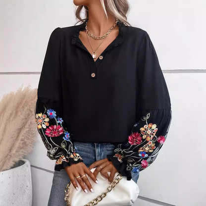 Damen Langarmbluse mit Blumenstickerei