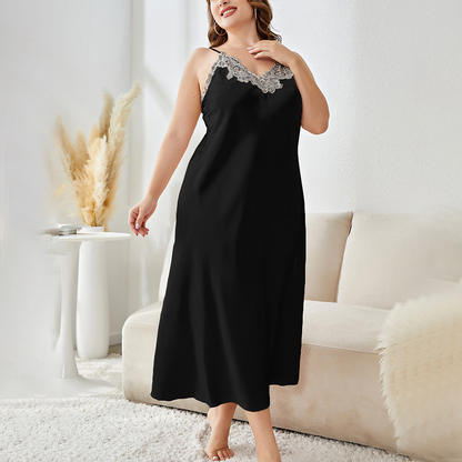 Damen langes Nachthemd aus Satin Kleid mit Spitzendetails
