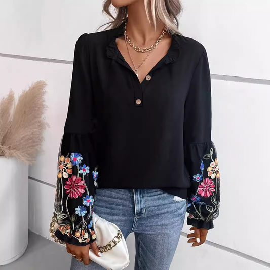 Damen Langarmbluse mit Blumenstickerei