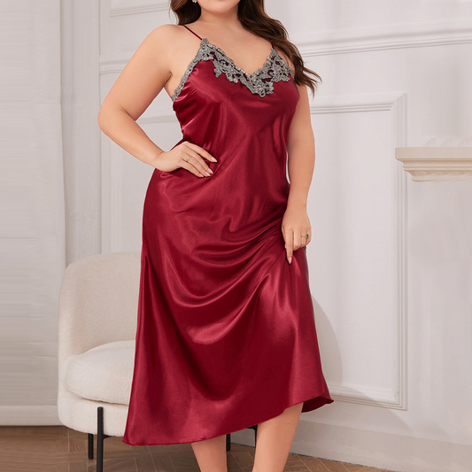 Damen langes Nachthemd aus Satin Kleid mit Spitzendetails