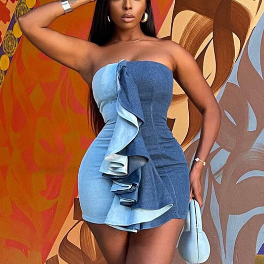 Damen Minikleid mit asymmetrischem Volant und strapazierfähigem Denim WOLFF