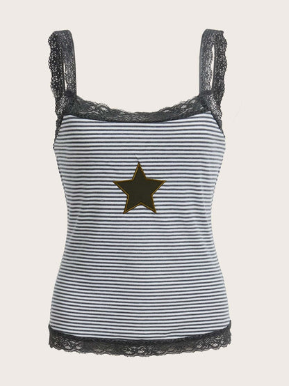 Damen Spitzen-Top mit grafischem Star-Print und Streifenmuster WOLFF