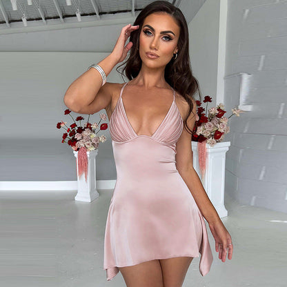 Damen Satin Minikleid mit asymmetrischem Saum und elegantem V-Ausschnitt WOLFF