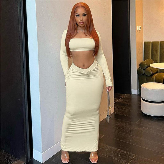 Damen 2-teiliges Set mit hochgeschlossenem Crop-Top und figurbetontem, langem Rock WOLFF
